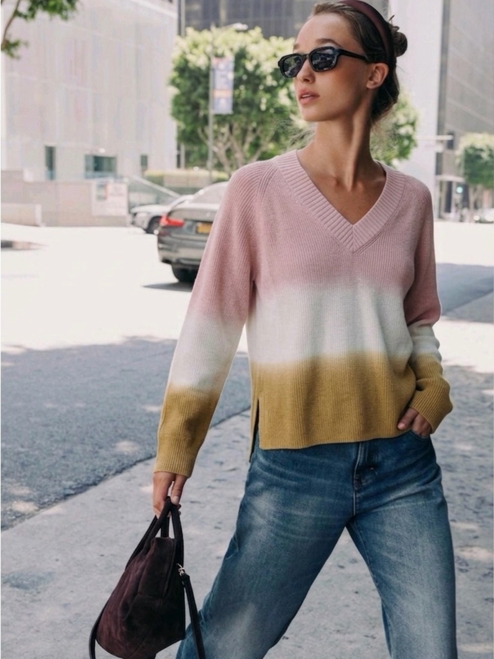 Anthropologie Pink White Mustard Ombre V-Neck Sweater